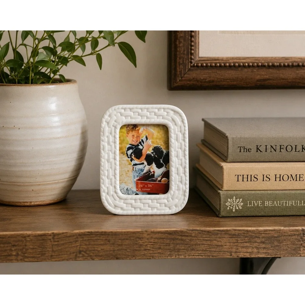 Vintage White Ceramic Mini Picture Frame 2x3 Woven Basketweave Small Photo